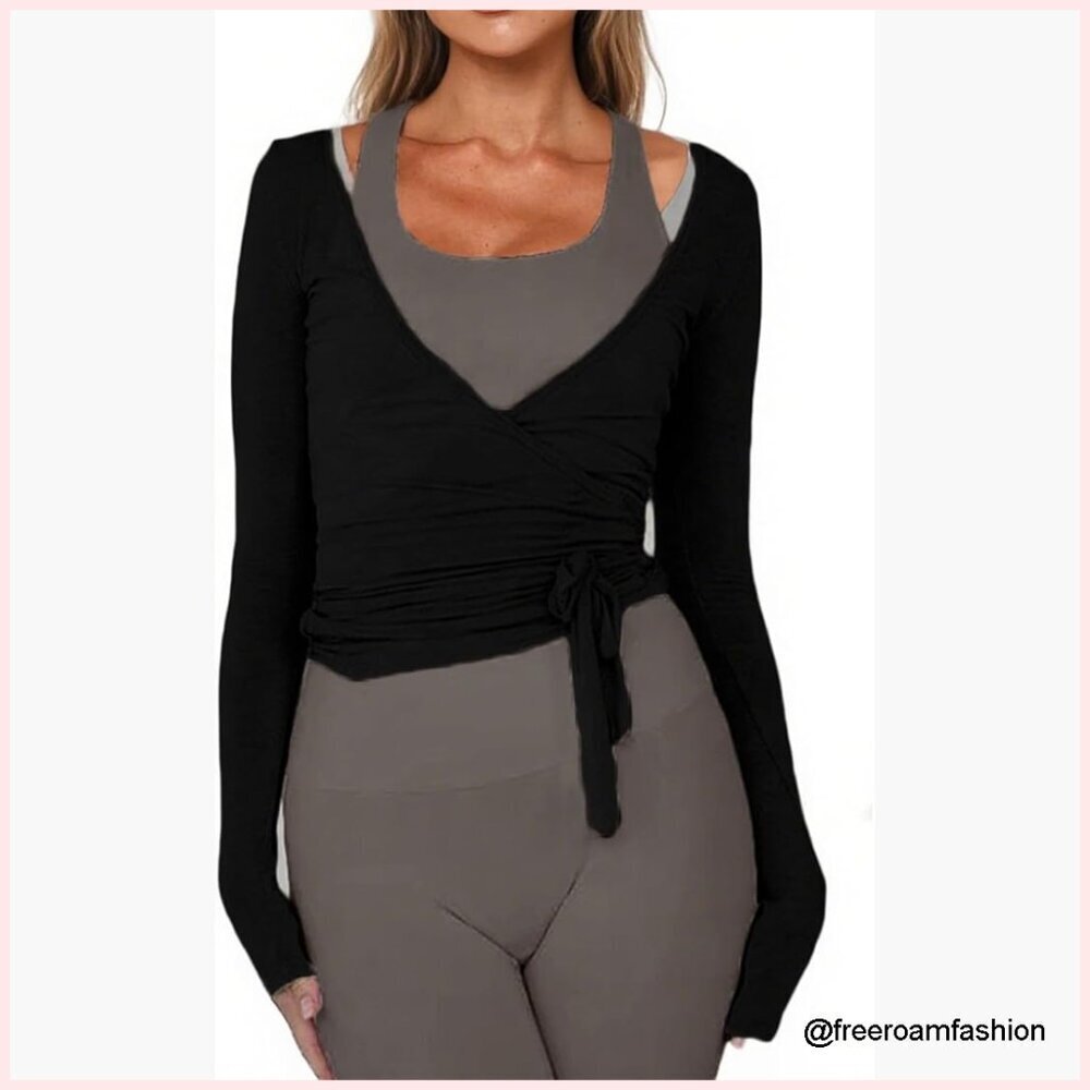Long Sleeve Wrap Top Ballet Workout Yoga Shirt Coquette Blouse